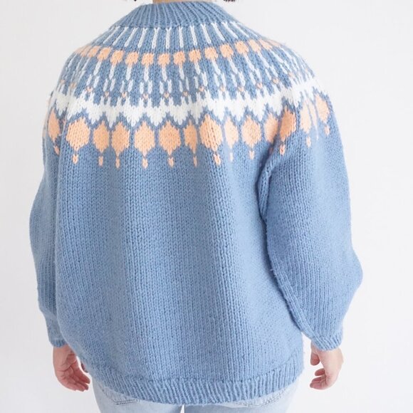 19th Avenue Blue Fair Isle Wool Sweater Peach Cream Knit Retro Cabin Winter L - Picture 2 of 10